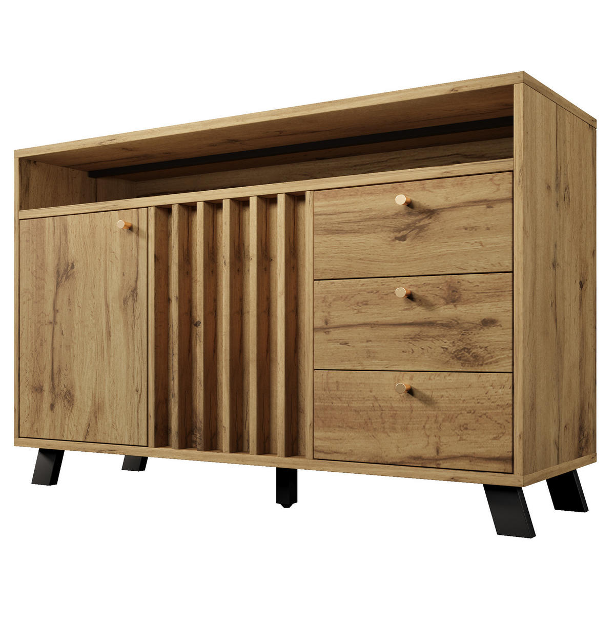 SIDEBOARD aus Holz 120x40x85 cm Dunkle Eiche mit 3 Schubladen, 2 Türen, offenem Fach und Lamellenfront - Braun, Holzwerkstoff (120/85/40cm) - Modfu