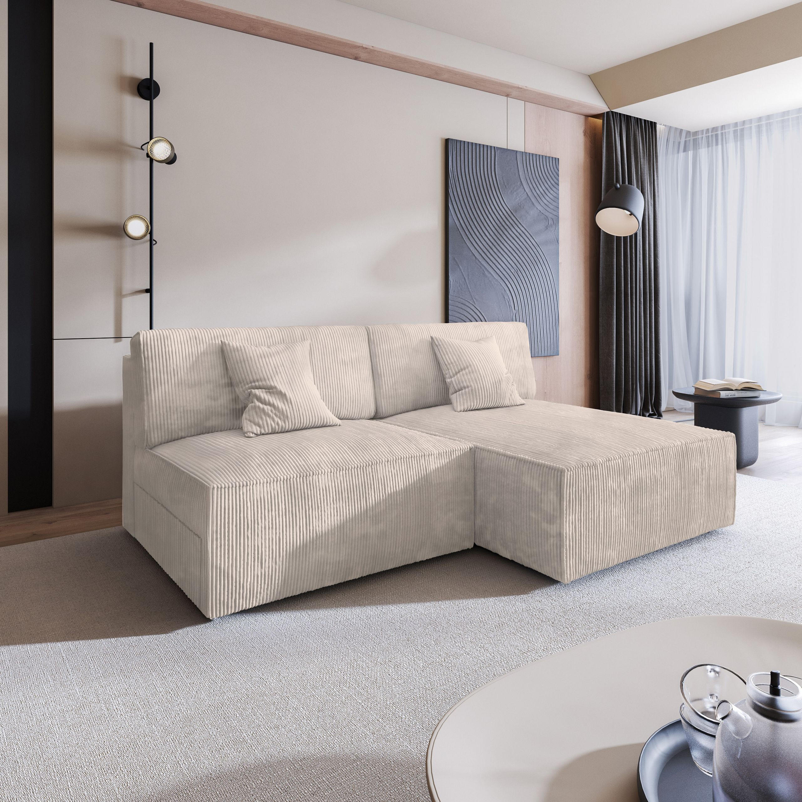 ECKSOFA FIORO P Creme Kordstoff mit Schlaffunktion - Creme, Holz (204/148cm) - MASSENO