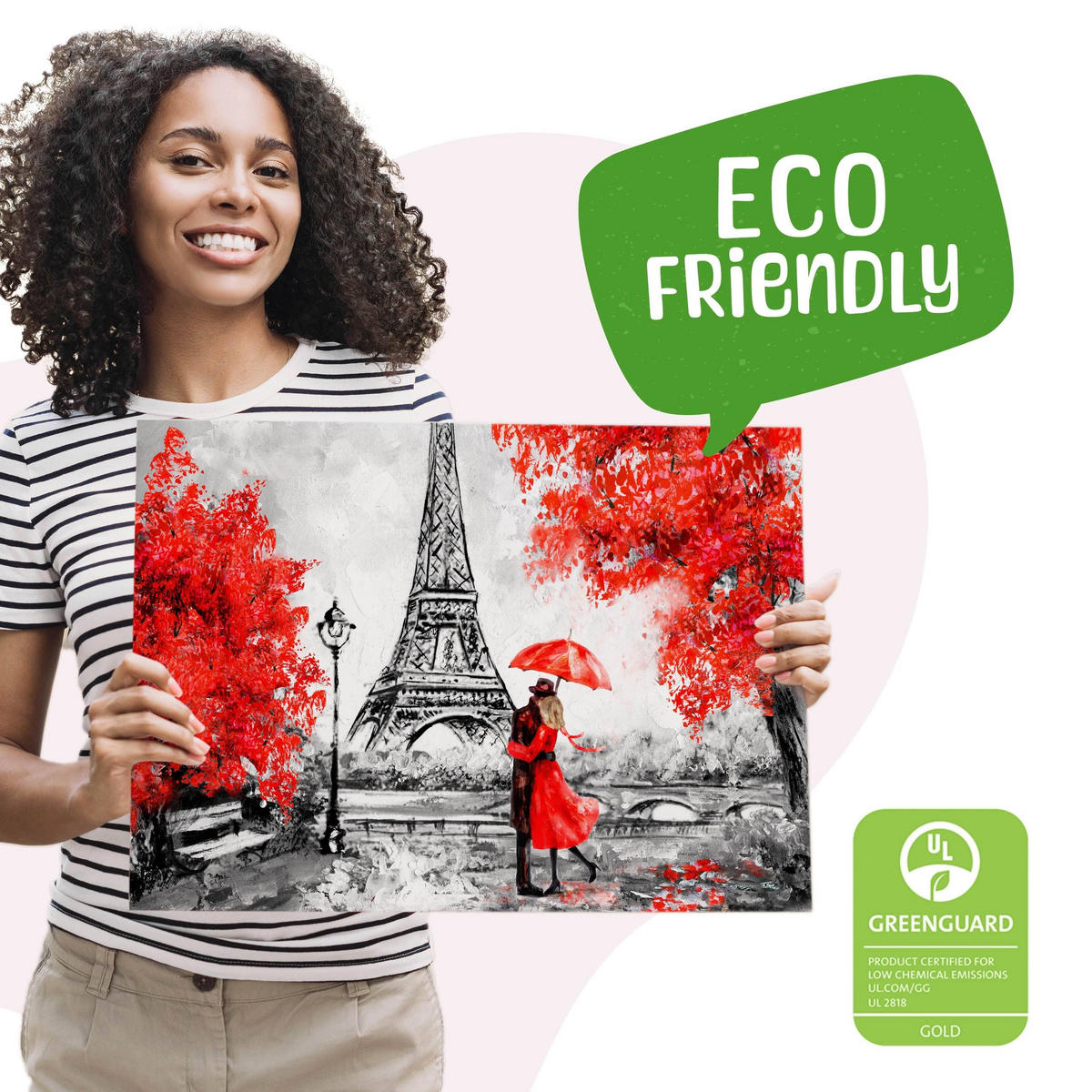 LEINWANDBILD Romantisches Paris Eiffelturm Bäume Malarei 100x70 - Rot/Schwarz, Textil (100/70cm) - Muralo