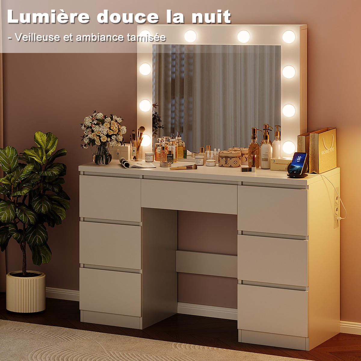 SCHMINKTISCH mit LED-Spiegel, 140 x 39 x 110 cm, 10 dreifarbige LED-Lampen, 7 Schubladen, 2 Steckdosen + USB + TPC, Weiß - Weiß, Holzwerkstoff (40/75/110cm)
