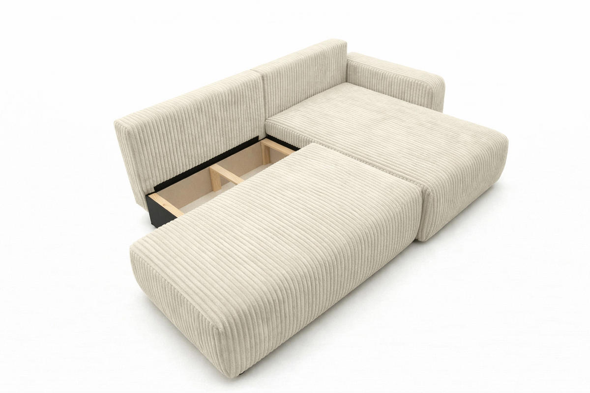 ECKSOFA Mit Schlaffunktion Und Bettkasten, Cordstoff Tilia, Ecru, Rechts, OPEN XL - Ecru, Holz (262/145cm) - Kaiser Möbel