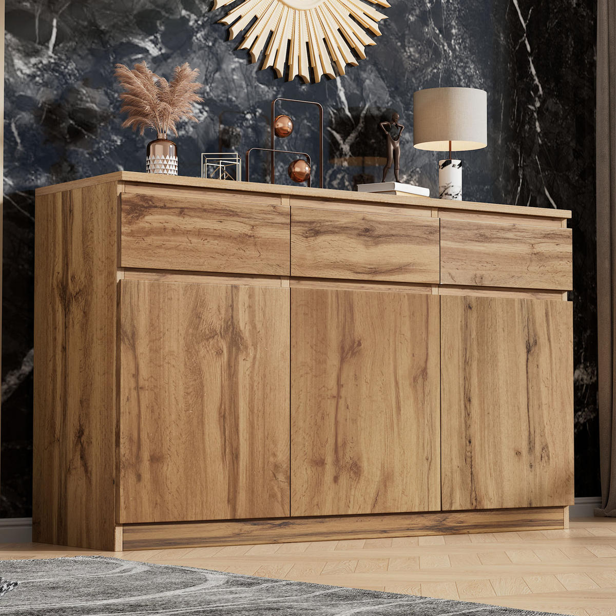 SIDEBOARD 135/40/81 cm in Holzoptik mit 3 Türen und 3 Schubladen - Naturfarben, Holzwerkstoff (135/81/40cm) - Flora Grace