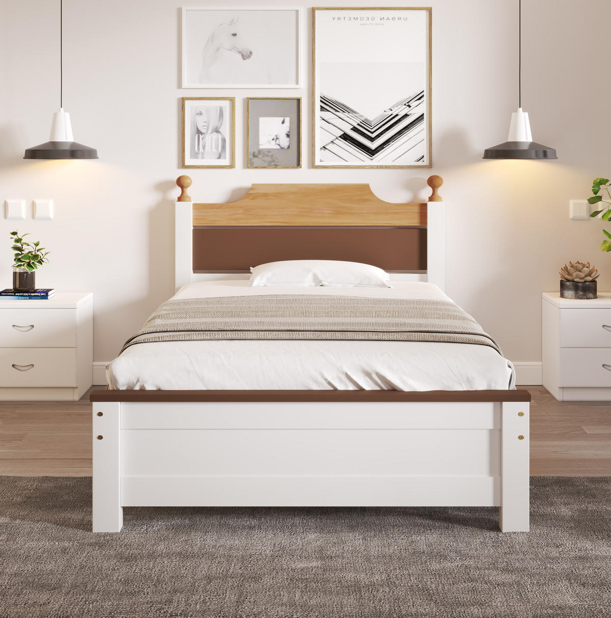BETT 90/200 cm Weiß aus Kiefer und MDF mit Kontrastdesign - Weiß, Holz (90/200cm) - Flora Grace