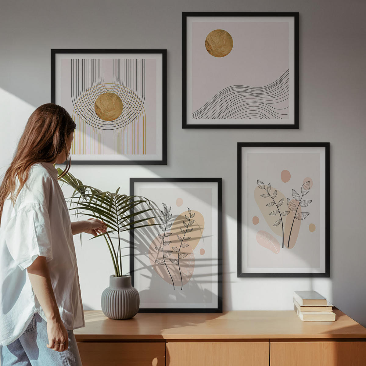 BILDER SET 4er Set - 50x50 cm & 40x60 cm Schwarzer Rahmen - Minimalistische Pflanzenzeichnungen - Schwarz, Kunststoff (50/50cm) - TULUP