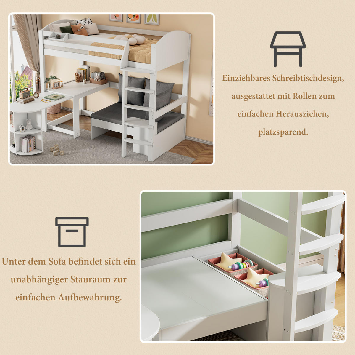 HOCHBETT 90/200 cm aus Massivholz mit Sofa und ausziehbarem Schreibtisch - Weiß, Holzwerkstoff (90/200cm) - Flora Grace