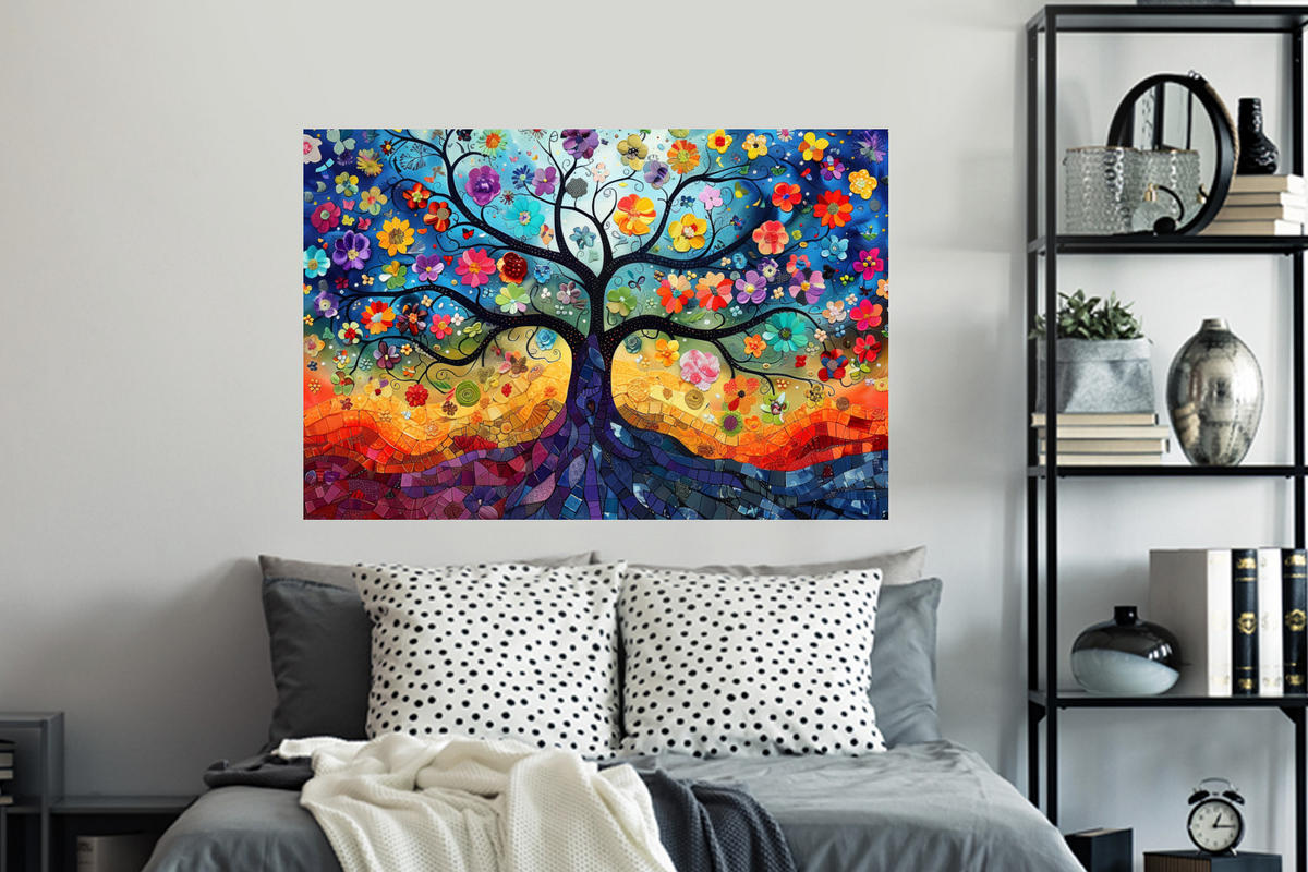 WANDTATTOO Kunst - Baum des Lebens - Blumen - Hippie 120x80 cm - Dunkelblau, Kunststoff (120/80/0.1cm) - MuchoWow