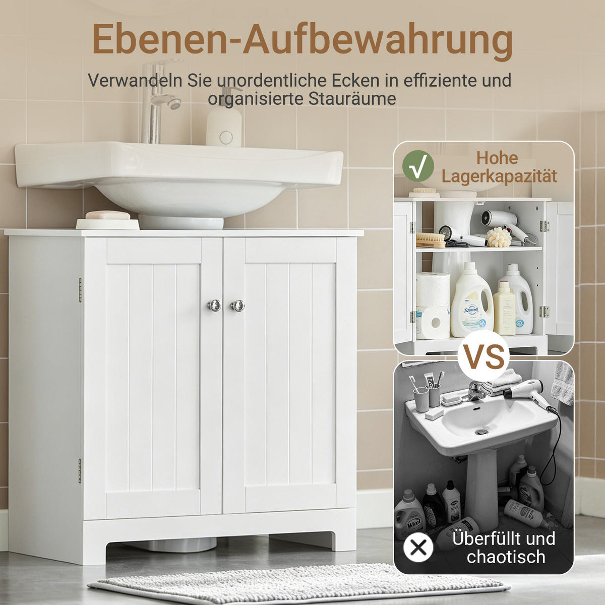 WASCHBECKEN-UNTERSCHRANK für Säulenwaschbecken, 60x60x29 cm, weiß, U-Aussparung, verstellbarer Boden, ohne Becken - Weiß, Holzwerkstoff (60/60/30cm) - SoBuy
