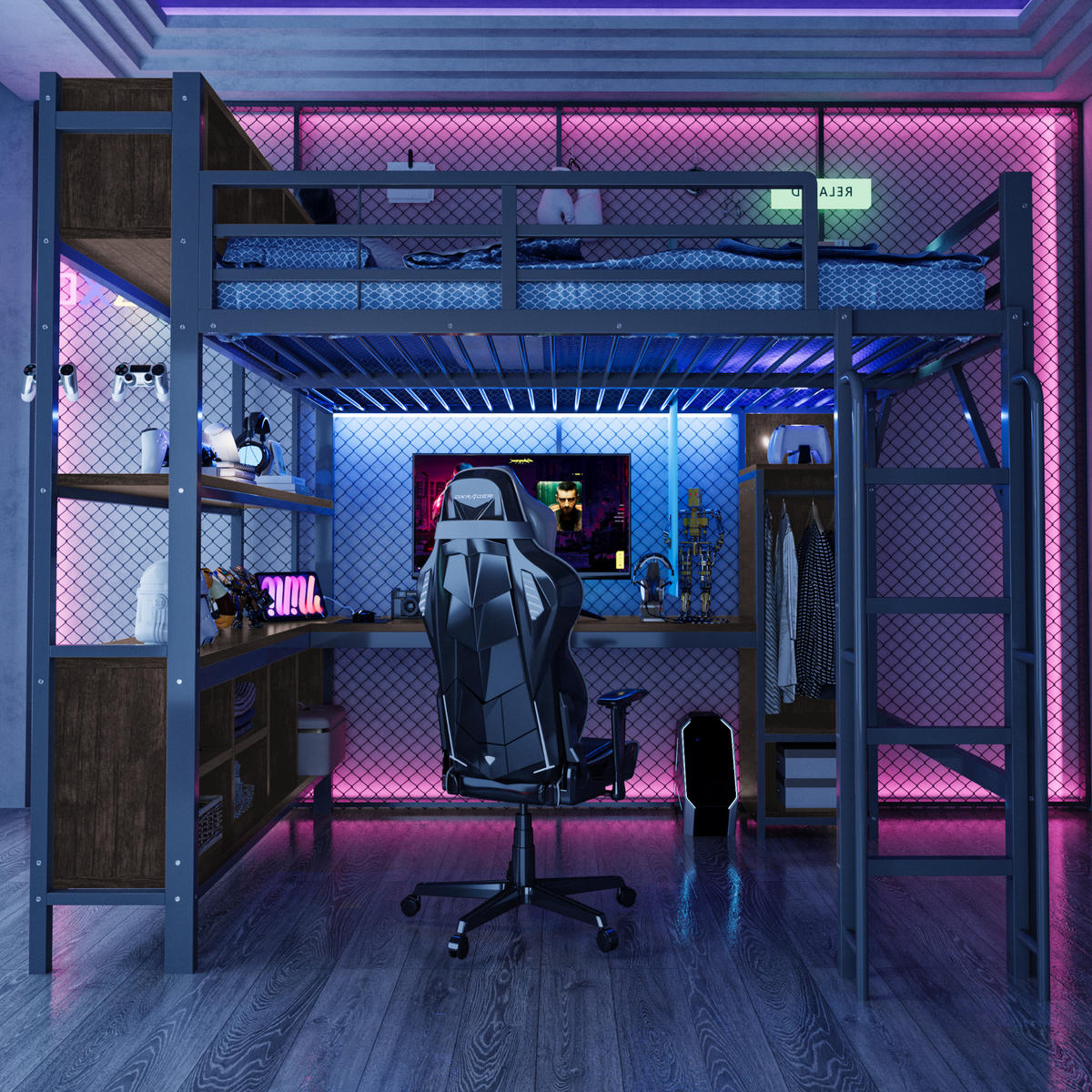 HOCHBETT 140/200 cm in Schwarz mit Schreibtisch, Kleiderschrank, Ablagefächern und LED Metall Design - Schwarz, Holzwerkstoff/Metall (140/200cm) - STILVORA