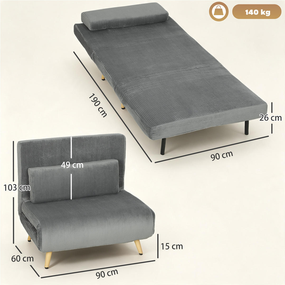 BÄDDFÅTÖLJ i polyester, mörkgrå - Beige/Brun, Textil/Metall (75/84/90cm) - HOMCOM