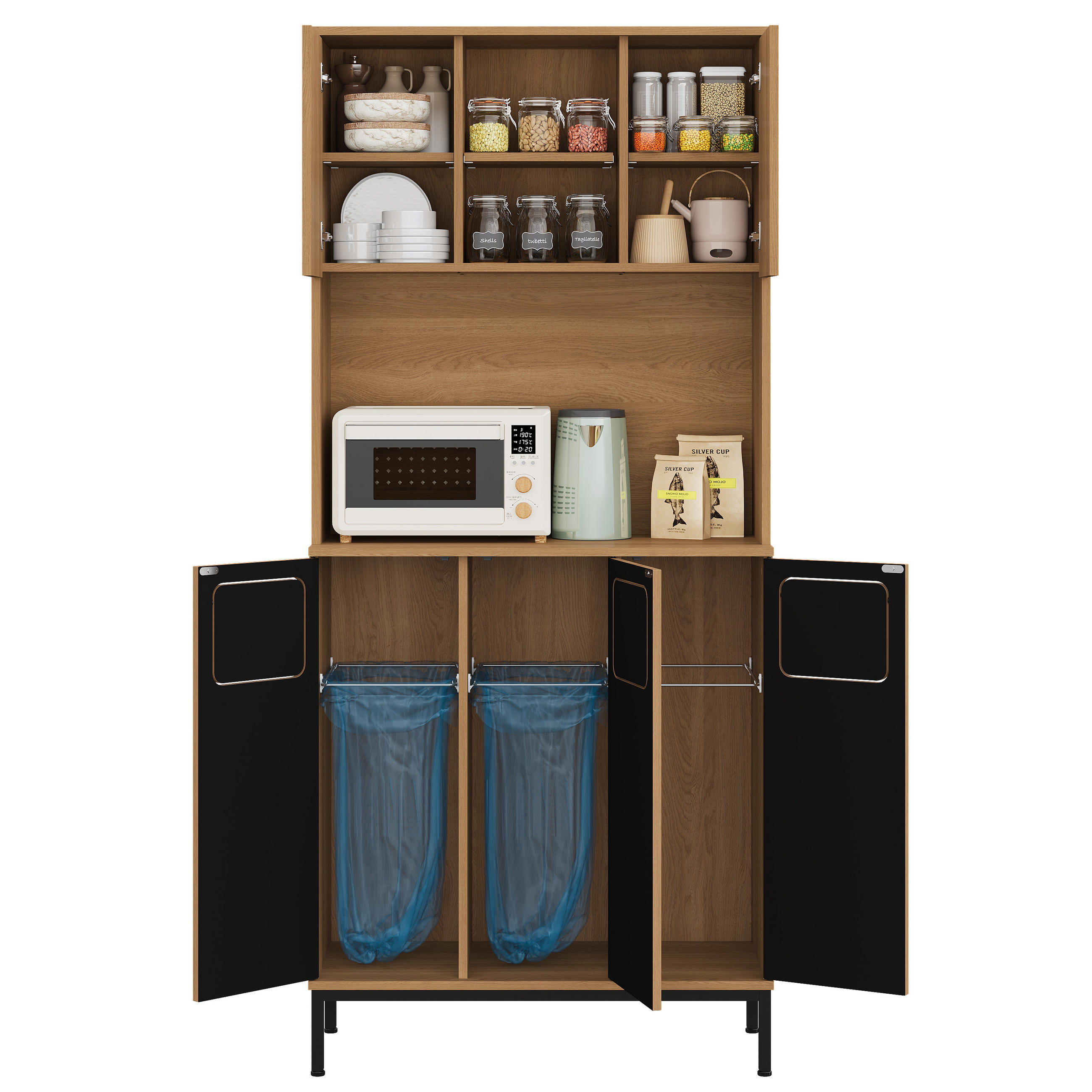 BUFFET aus MDF 35x80x181 cm Natur mit 3 Fächern, Mikrowellenablage und Stauraum - Naturfarben, Holzwerkstoff (80/181/35cm) - Modfu