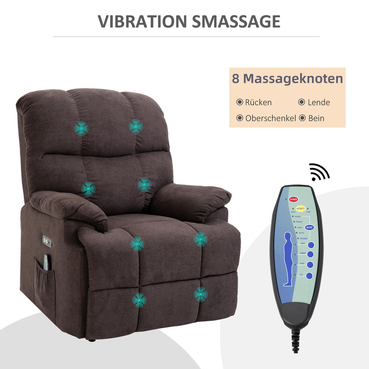SESSEL mit Aufstehhilfe, Massagesessel, Relaxsessel mit USB-Anschluss, Samt - Braun, Kunststoff (95/105/83cm) - HOMCOM