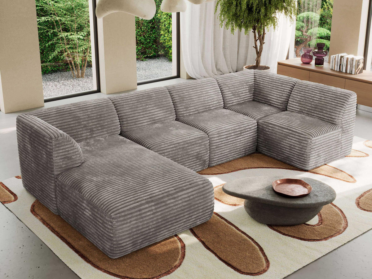 WOHNLANDSCHAFT MODARO U 6M - Hellbraun Cord - Links - Hellbraun/Schwarz, Textil (180/78/345cm) - MKS