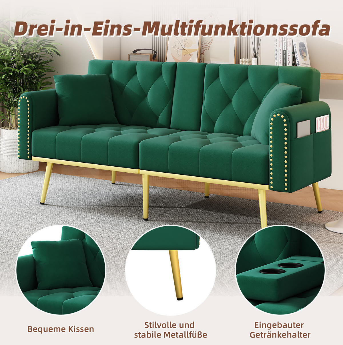 SCHLAFSOFA Samt mit verstellbarer Rückenlehne und Getränkehalter Grün 175/80/73,5 cm - Grün, Textil (73.5/175/80cm) - Redom
