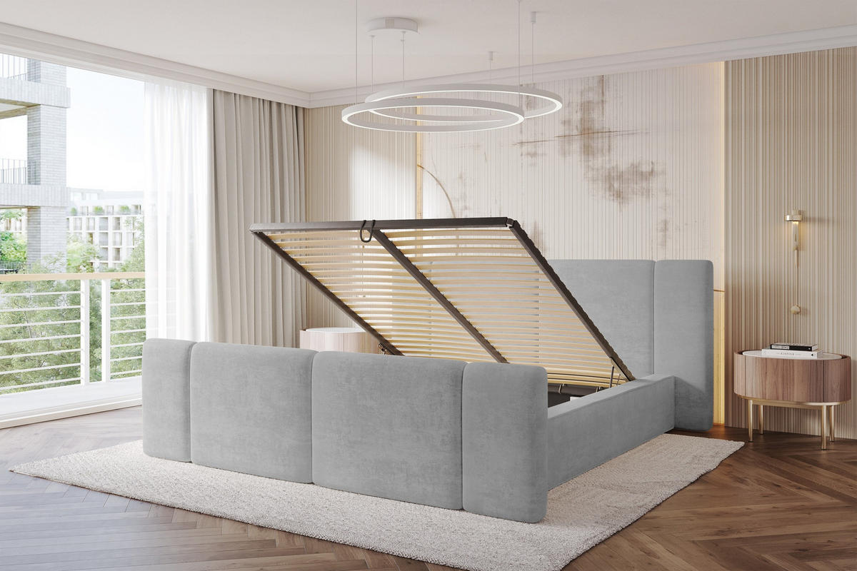 POLSTERBETT mit Bettkasten, Fußteil und Lattenrost, Bett mit Matratze H3/H4 - RIVO-Z 140x200 Grau - Hellgrau, Holzwerkstoff/Textil (140/200cm) - ALTDECOR
