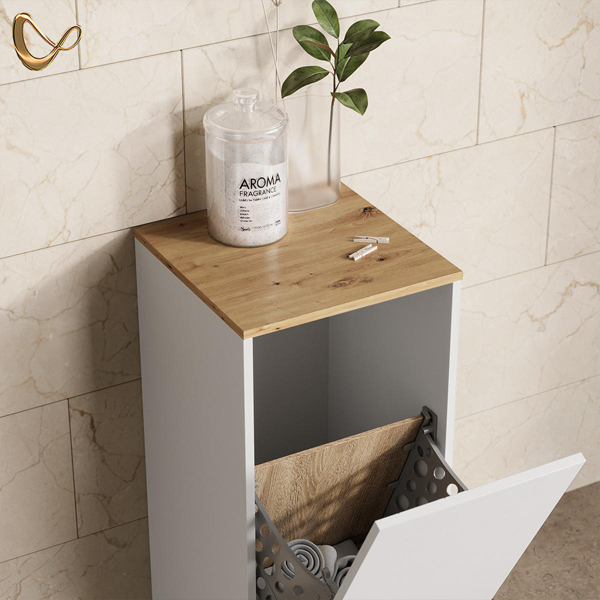 BADSCHRANK Paolina Weiß/Artisan 40.2 x 88.2 cm mit Wäschkorb - Weiß/Eiche Artisan, Holzwerkstoff (40.2/88.2/40.5cm) - Livinity®