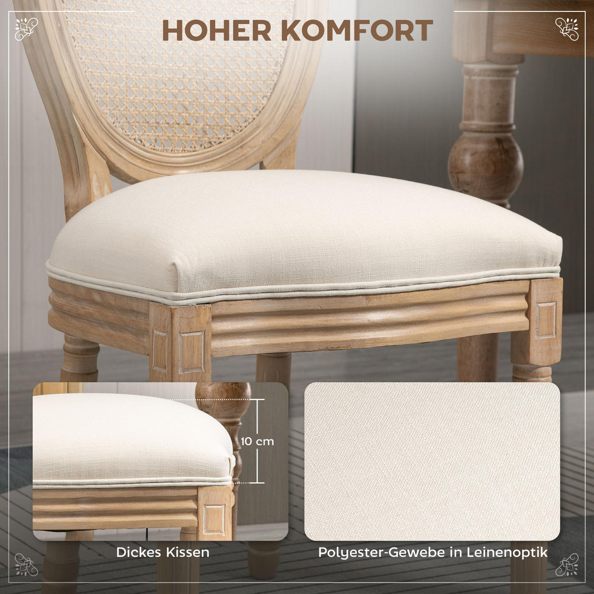2ER Set Esszimmerstühle Küchenstuhl mit Rattan-Rückenlehne Linen-Touch - Creme/Naturfarben, Holz/Textil (56/96/49cm) - HOMCOM