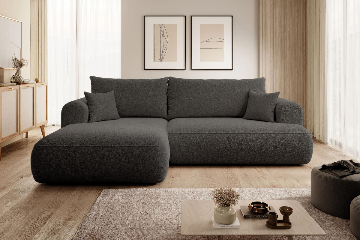 ECKSOFA Ovo Dunkelgrau Boucle - Dunkelgrau/Schwarz, Kunststoff/Textil (260/165cm) - Selsey