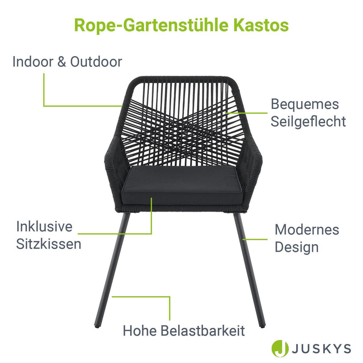 GARTENSTÜHLE Rope Kastos schwarz (2er-Set) - Schwarz, Metall (57/86/61cm) - Juskys