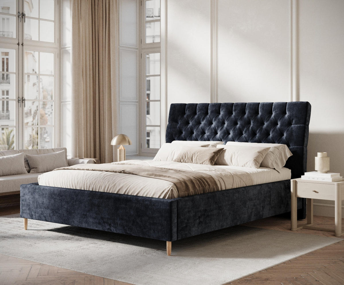 POLSTERBETT Vezzola Marineblau 180/200 cm im Chenille-Stoff - Naturfarben/Dunkelblau, Holz/Holzwerkstoff (180/200cm) - Maison de Reve