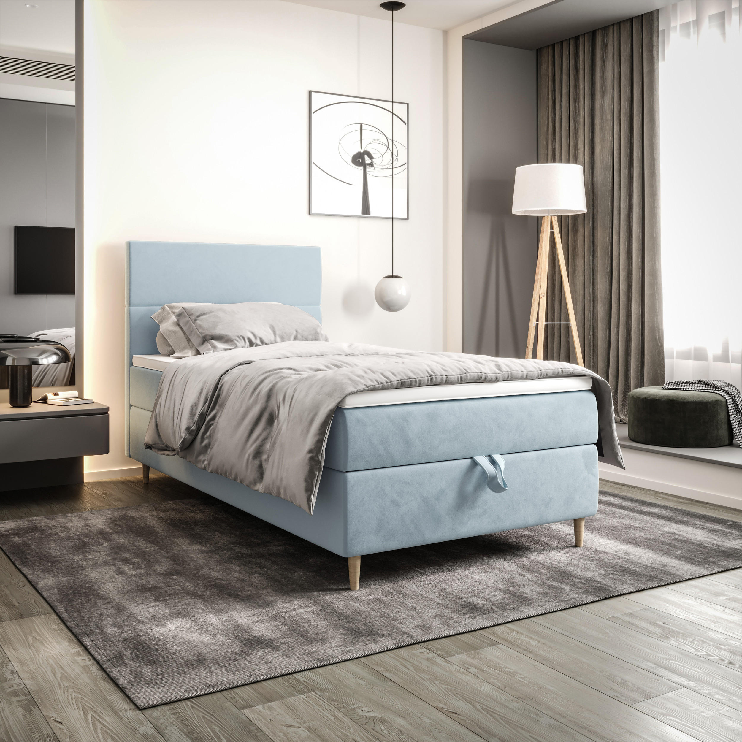 BOXBETT FLO 100x200 Itaka 13, mit Matratze H3, Bonell und Topper, Hellblau - Hellblau, Holz/Textil (100/200cm) - Bedante