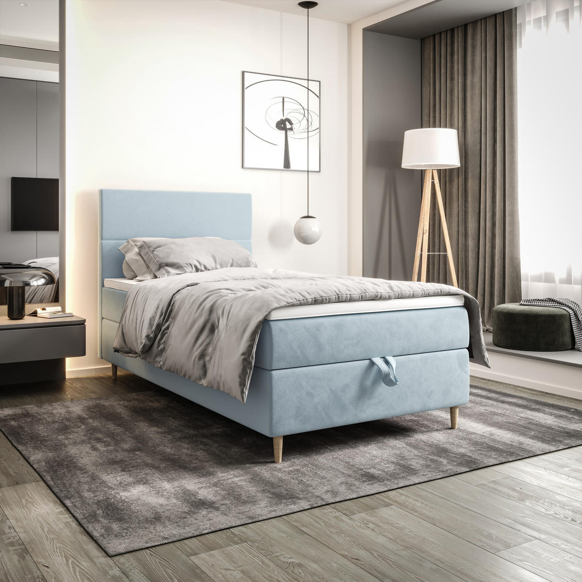 BOXBETT FLO 90x200 Itaka 13, mit Matratze H3, Bonell und Topper, Hellblau - Hellblau, Holz/Textil (90/200cm) - Bedante