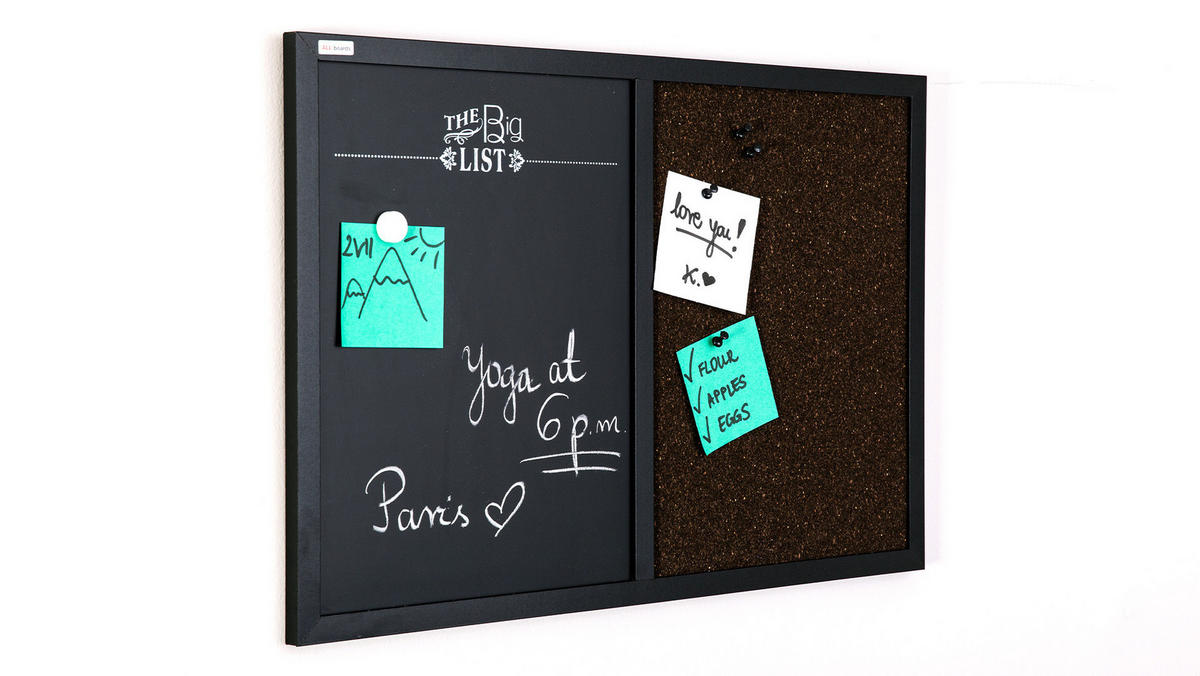 KOMBI-TAFEL Kork und magnetische Kreidetafel 60x40 cm Holzrahmen schwarz lackiert - Schwarz, Holz (60/40/0.7cm) - ALLboards