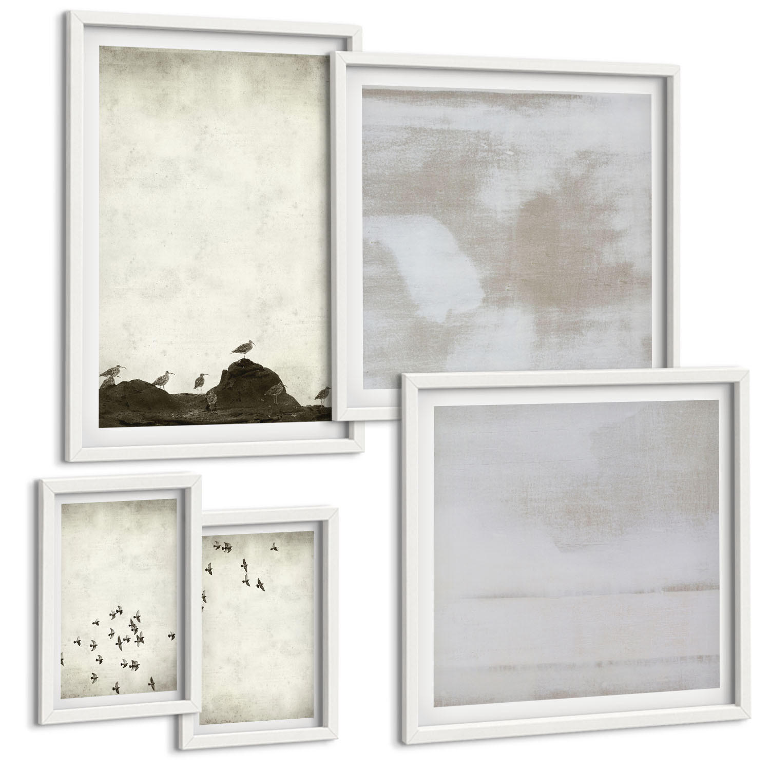 BILDER SET 5er Set - 50x50 cm & 20x30 cm & 40x60 cm Weißer Rahmen - Minimalistische Vögel im Flug - Weiß, Kunststoff (40/60cm) - TULUP