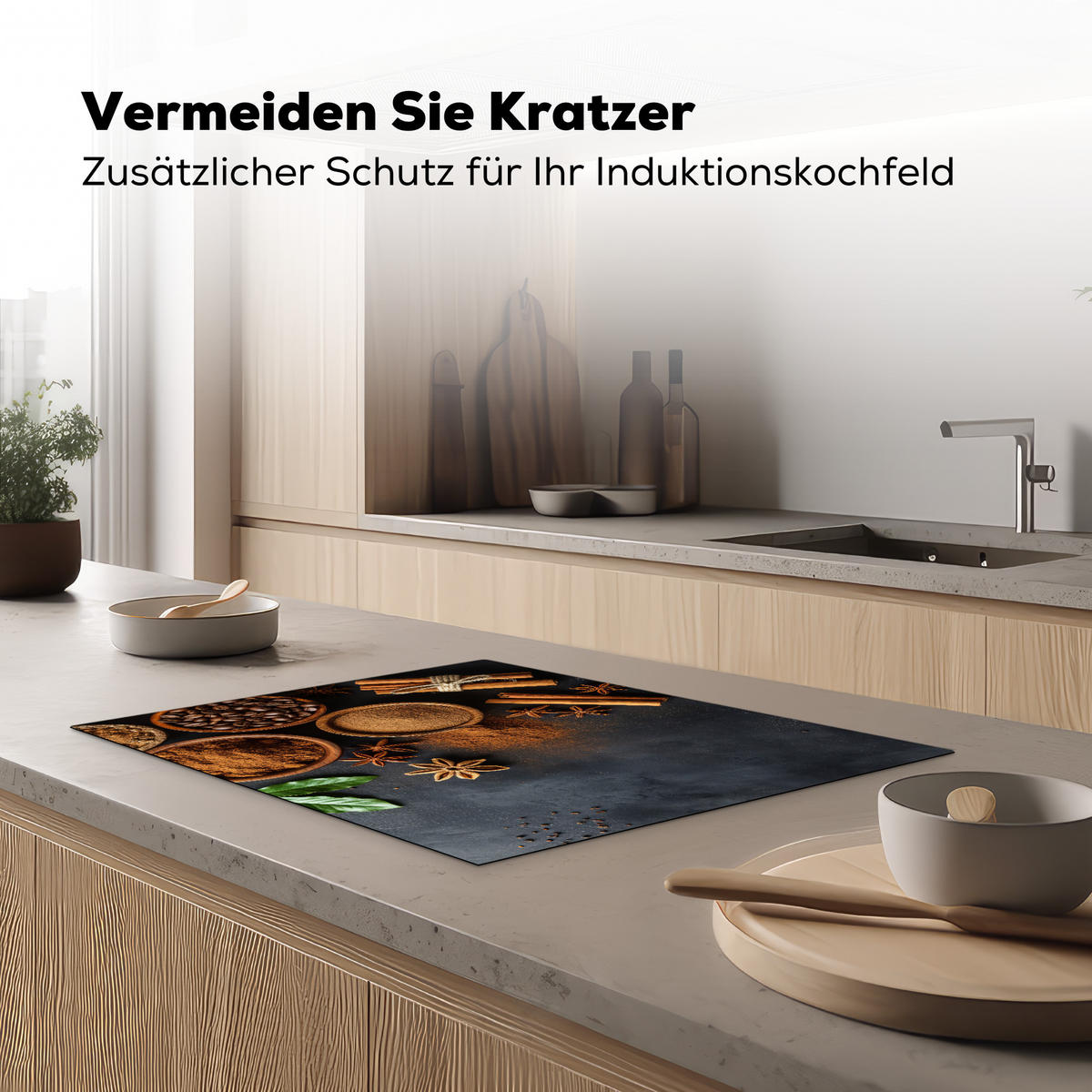 HERDABDECKPLATTE Zimt - Beton - Kaffee - Zimtstangen - Gewürze 71x52 cm - Mokka, Kunststoff (71/52/0.2cm) - MuchoWow