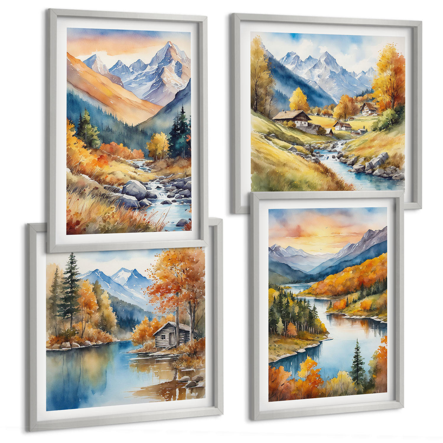 BILDER SET 4er Set - 50x50 cm & 40x60 cm Silberner Rahmen - Berglandschaft mit einem Fluss - Silberfarben, Kunststoff (50/50cm) - TULUP