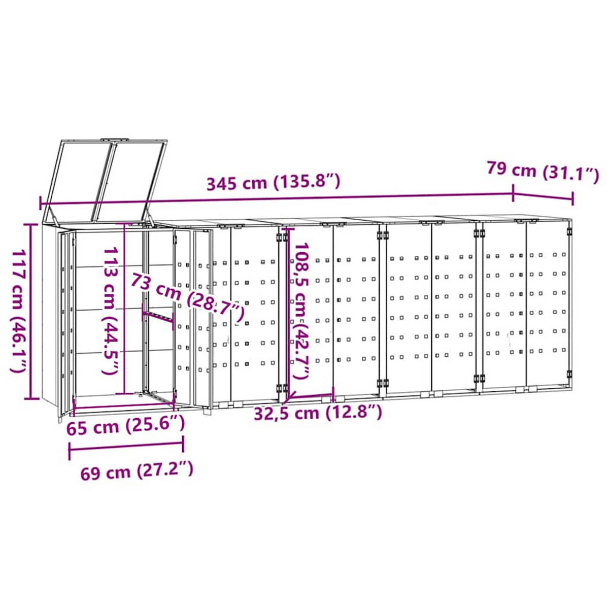 MÜLLTONNENBOX Gorilo für 5 Tonnen Schwarz 345x79x117 cm - Schwarz, Metall (345/117/79cm) - DELUKE