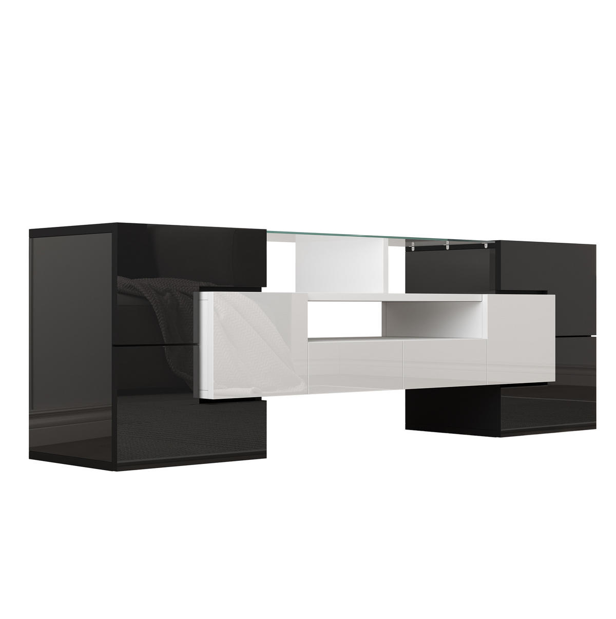 TV stolek 145/30/51 cm s LED osvětlením a velkým úložným prostorem, Bílá/černá - bílá, kompozitní dřevo (145/51/30cm) - Redom