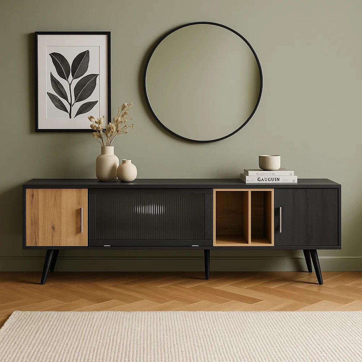 TV-MÖBEL Schwarz und Grau 200/40/55,5 cm - Schwarz, Holz (40/55.5/200cm) - Urban Meuble