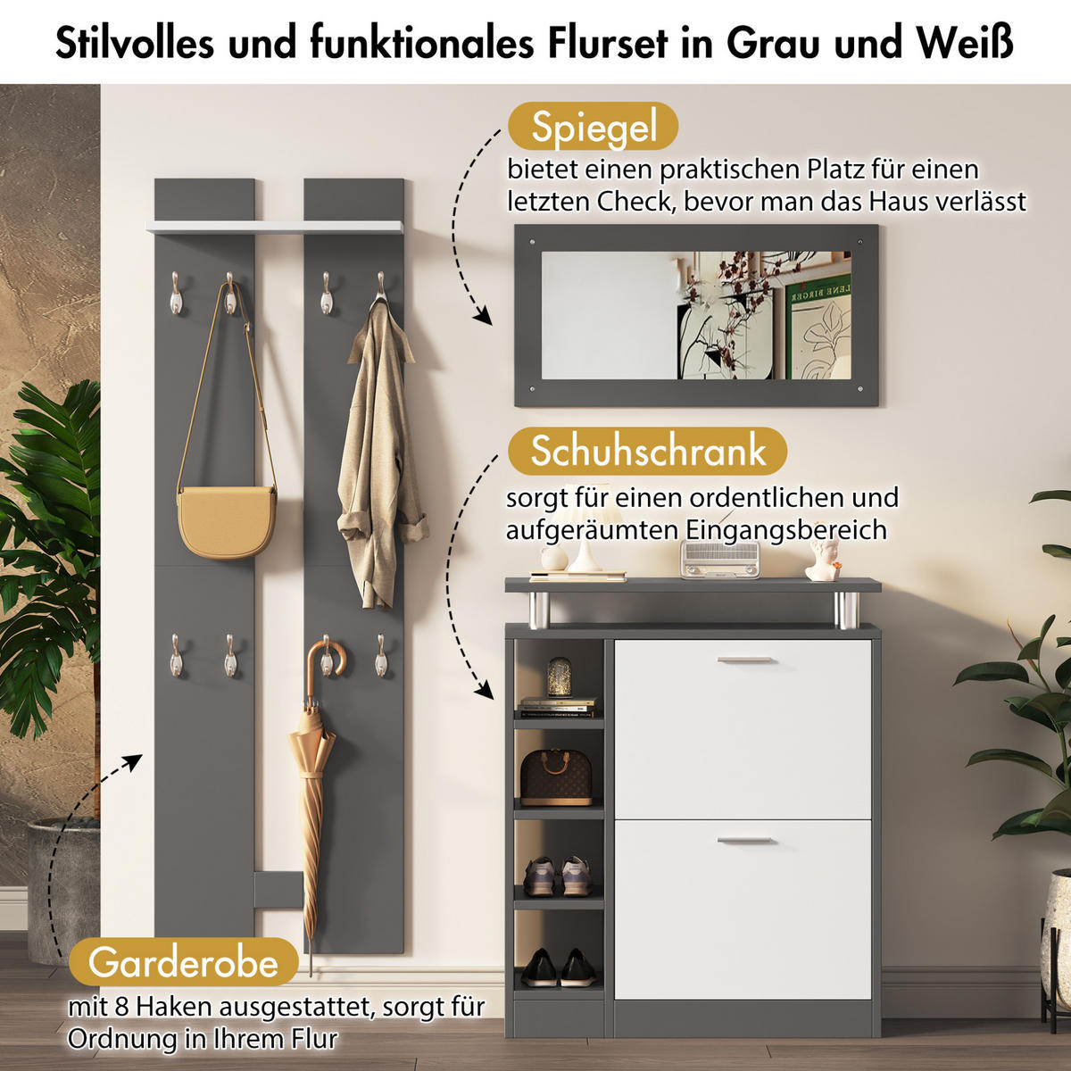 GARDEROBENSET 80/25/96,5 cm aus Spanplatte mit Spiegel und verstellbarem Schuhschrank Grau/Weiß - Weiß, Holzwerkstoff (80/96/25cm) - Modenvie