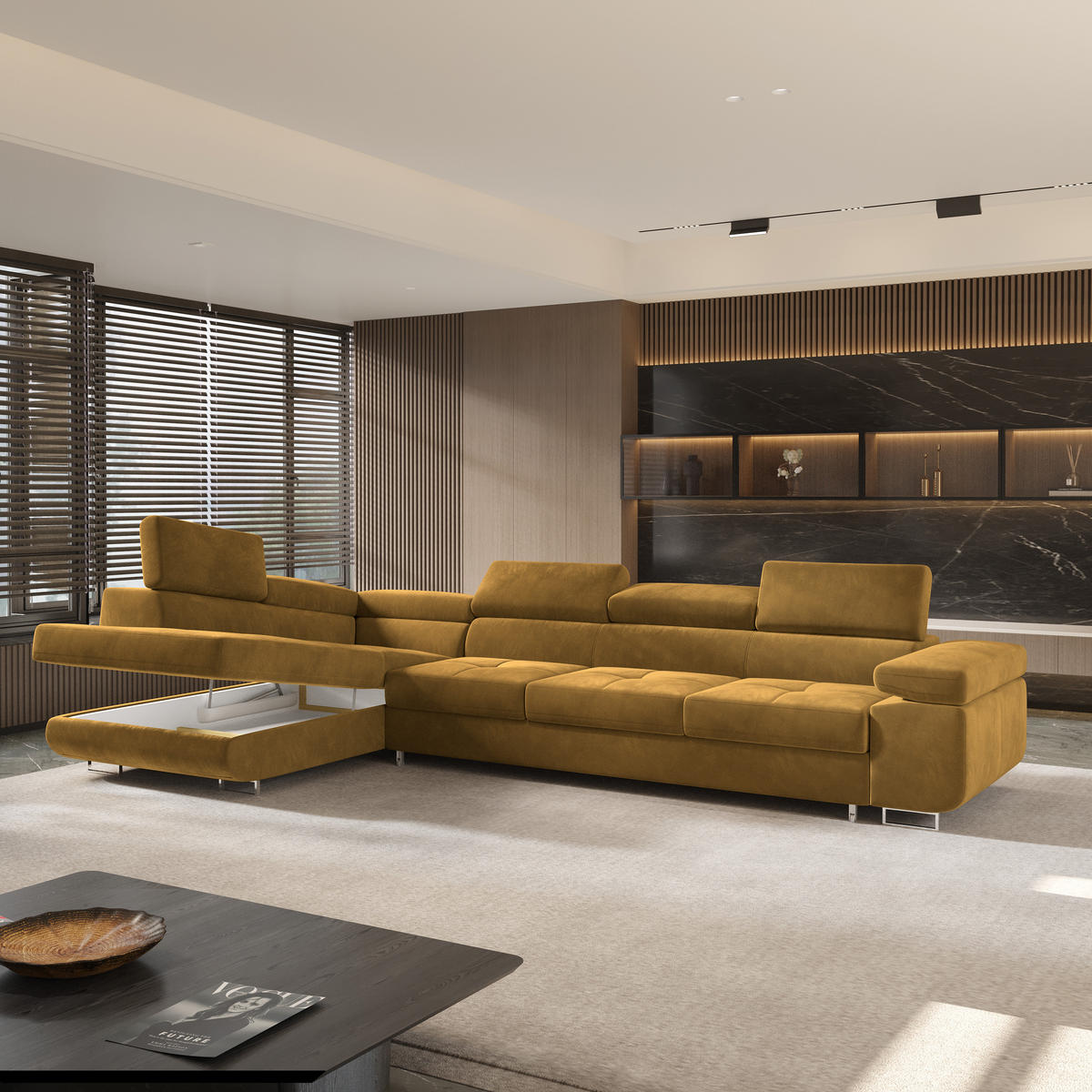 ECKSOFA VICENTE Gelb Velours-Stoff mit Schlaffunktion - Gelb, Holz (346/202cm) - MASSENO