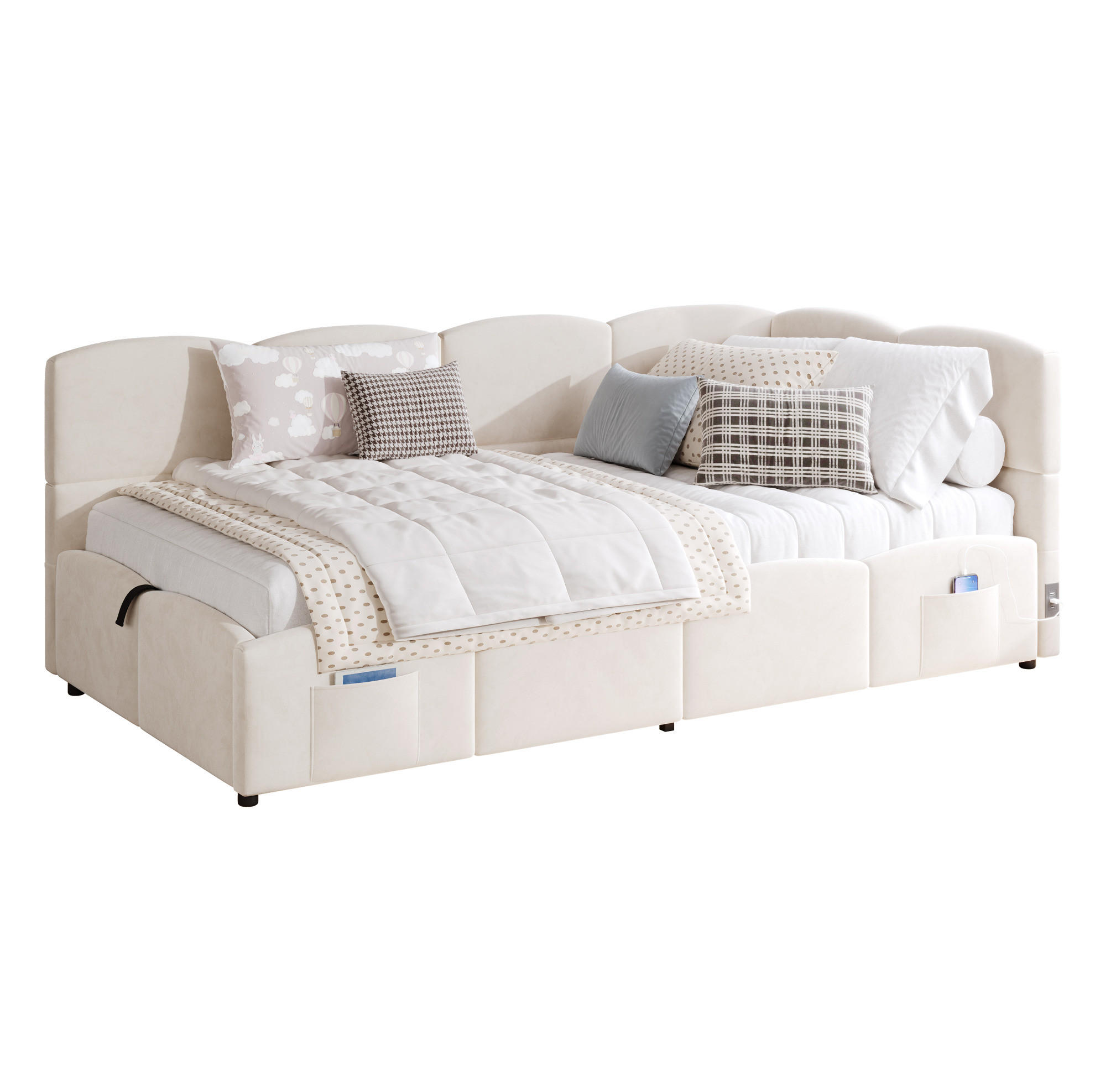 POLSTERBETT 90/200 cm mit hydraulischem Stauraum, USB-A/USB-C und Seitentaschen, Samt, Beige - Beige, Textil (90/200cm) - Redom