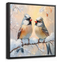 LEINWAND Bilder mit Rahmen - Vögel - Zweig - Winter - Schnee - 20x20 - Pastellblau, Textil (20/20cm) - MuchoWow