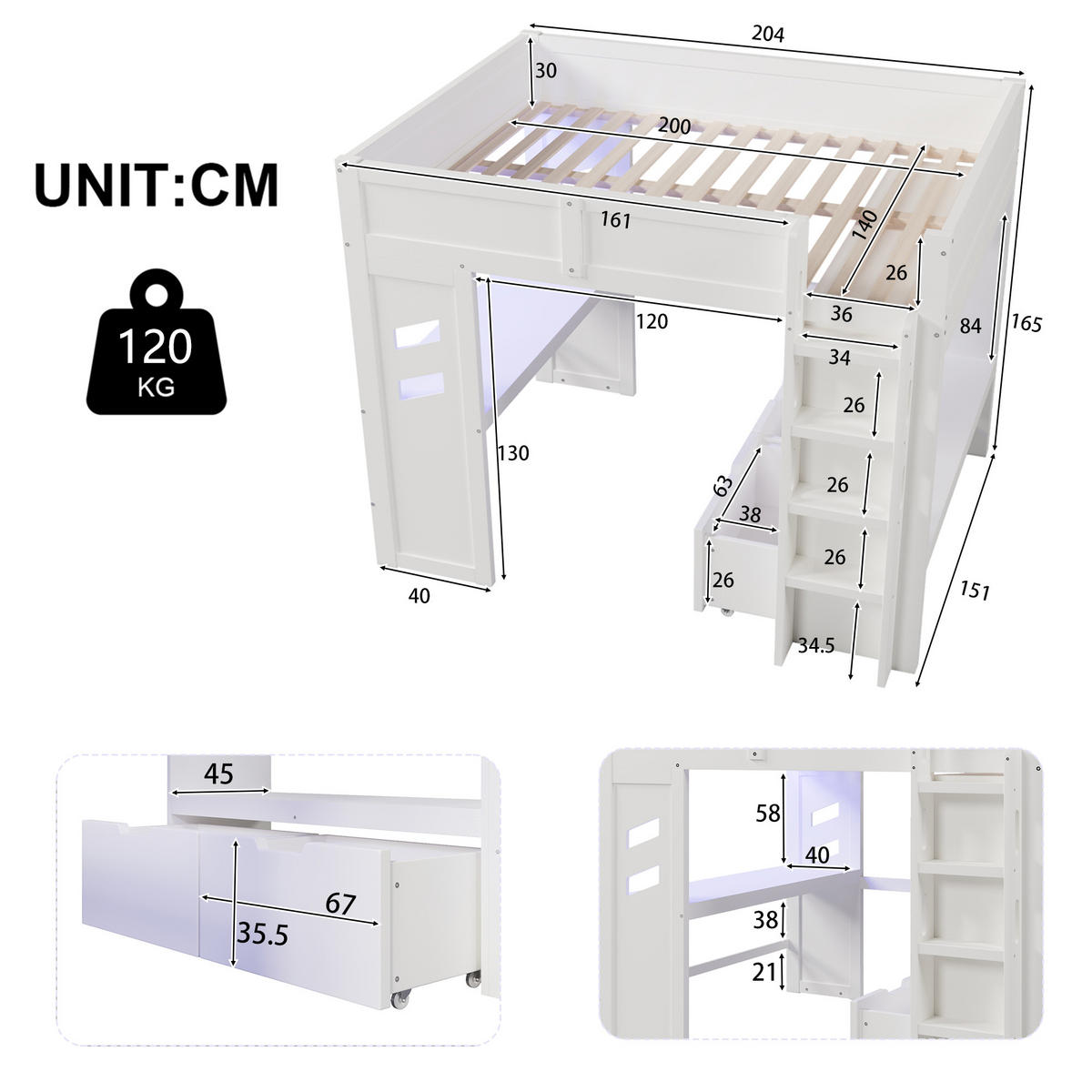 HOCHBETT 140/200 cm mit Schreibtisch und LED-Beleuchtung in Weiß - Weiß, Holz (140/200cm) - OKWISH