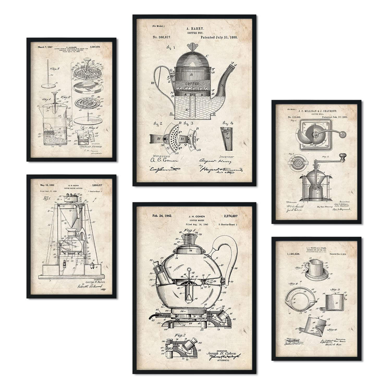 POSTER Set Mit 6 Plakaten Mit Kaffeemaschine Patenten Im Vintage Stil A3 & A4 Schwarzer Rahmen - Schwarz, Papier (29/3cm) - Nacnic