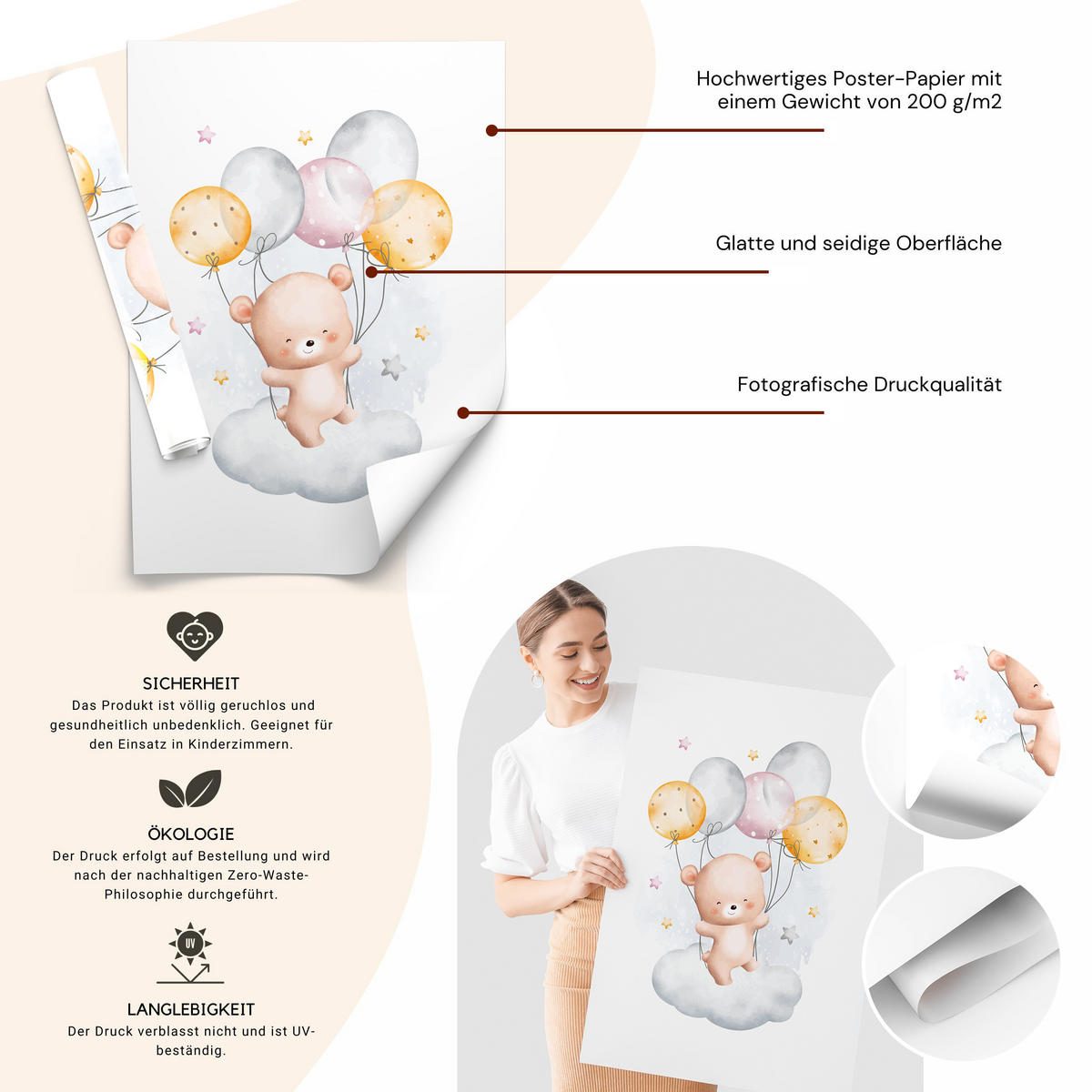 SADA PLAGÁTOV Do Detskej Izby Mackovia Oblaky Balóny Hviezdy 3x Plagát A3 30 x 42 cm - oranžová/hnedá, papier (30/42/1cm) - Muralo