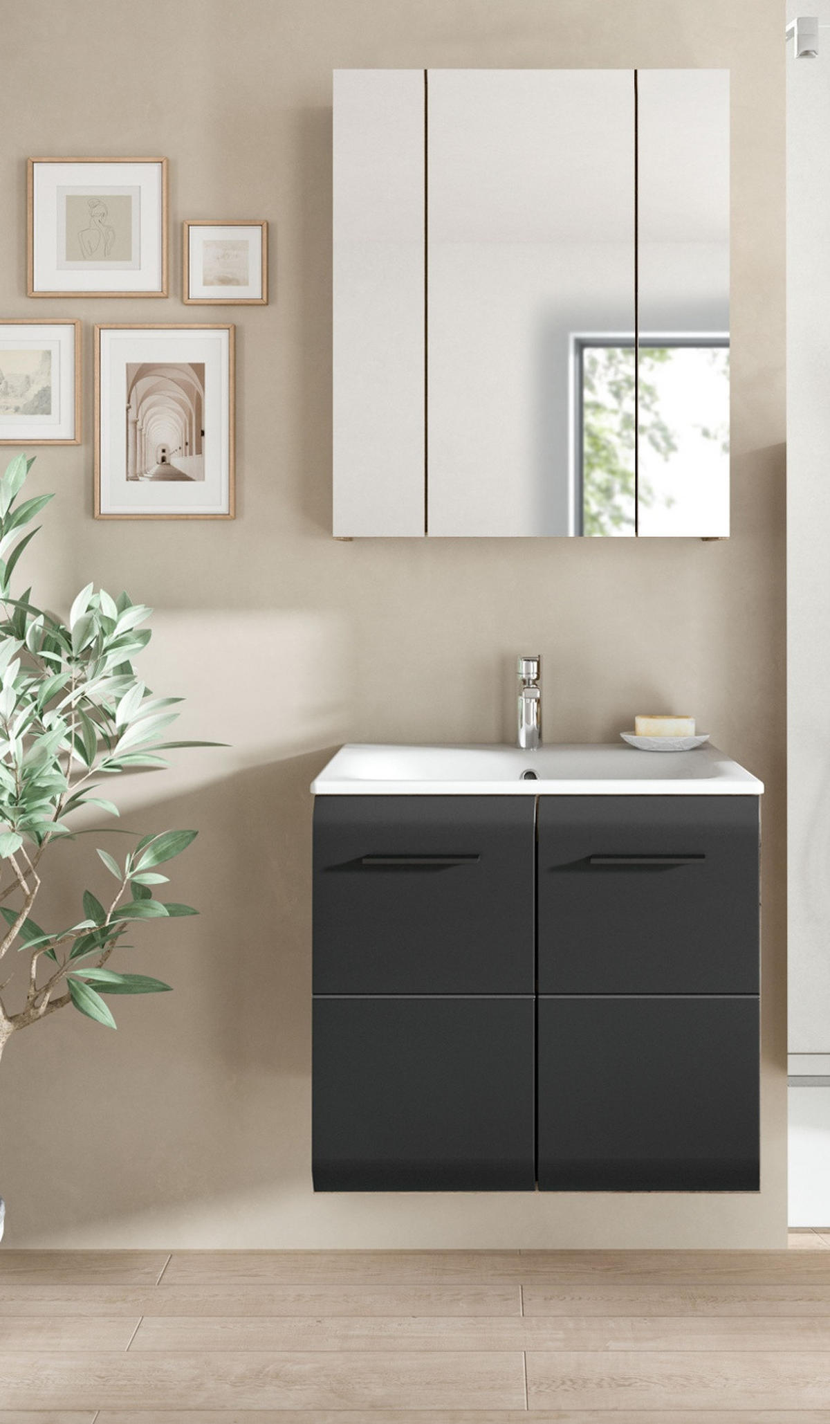 BADMÖBEL-SET 2-teilig Schwarz matt und Eiche Komplett-Set mit Waschbecken, 60 x 185 cm - Eichefarben/Schwarz, Glas/Holzwerkstoff (60/185/46cm) - Inn.Furn