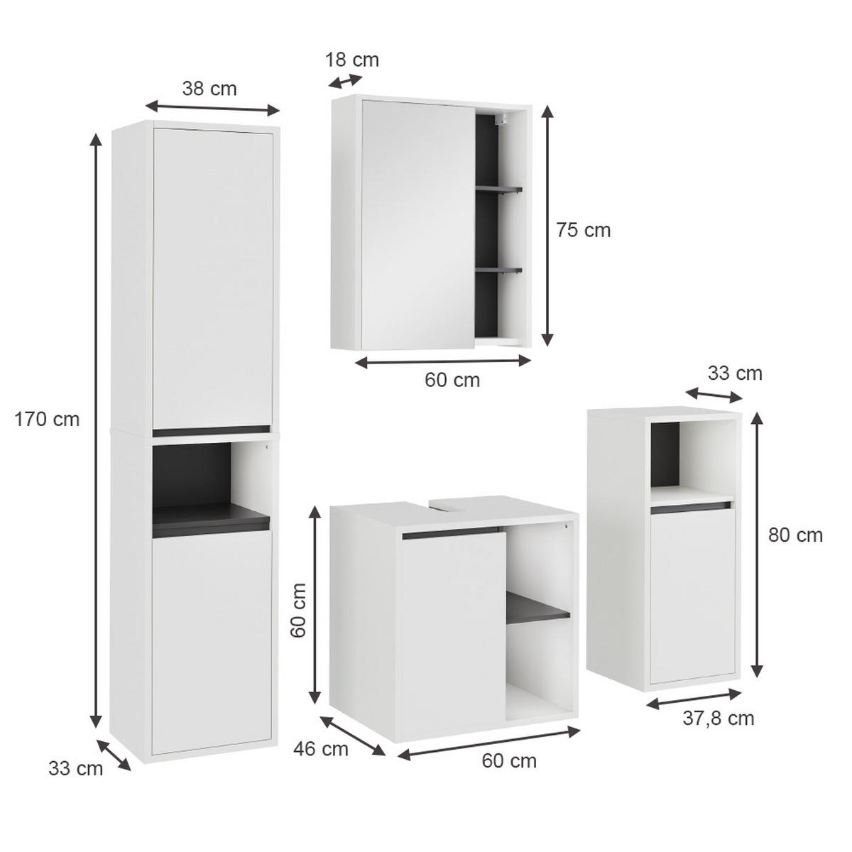SESTAVA KOUPELNOVÉHO NÁBYTKU Viola Bílá/šedá - bílá/šedá, kompozitní dřevo (60/60/45.5cm) - Vicco