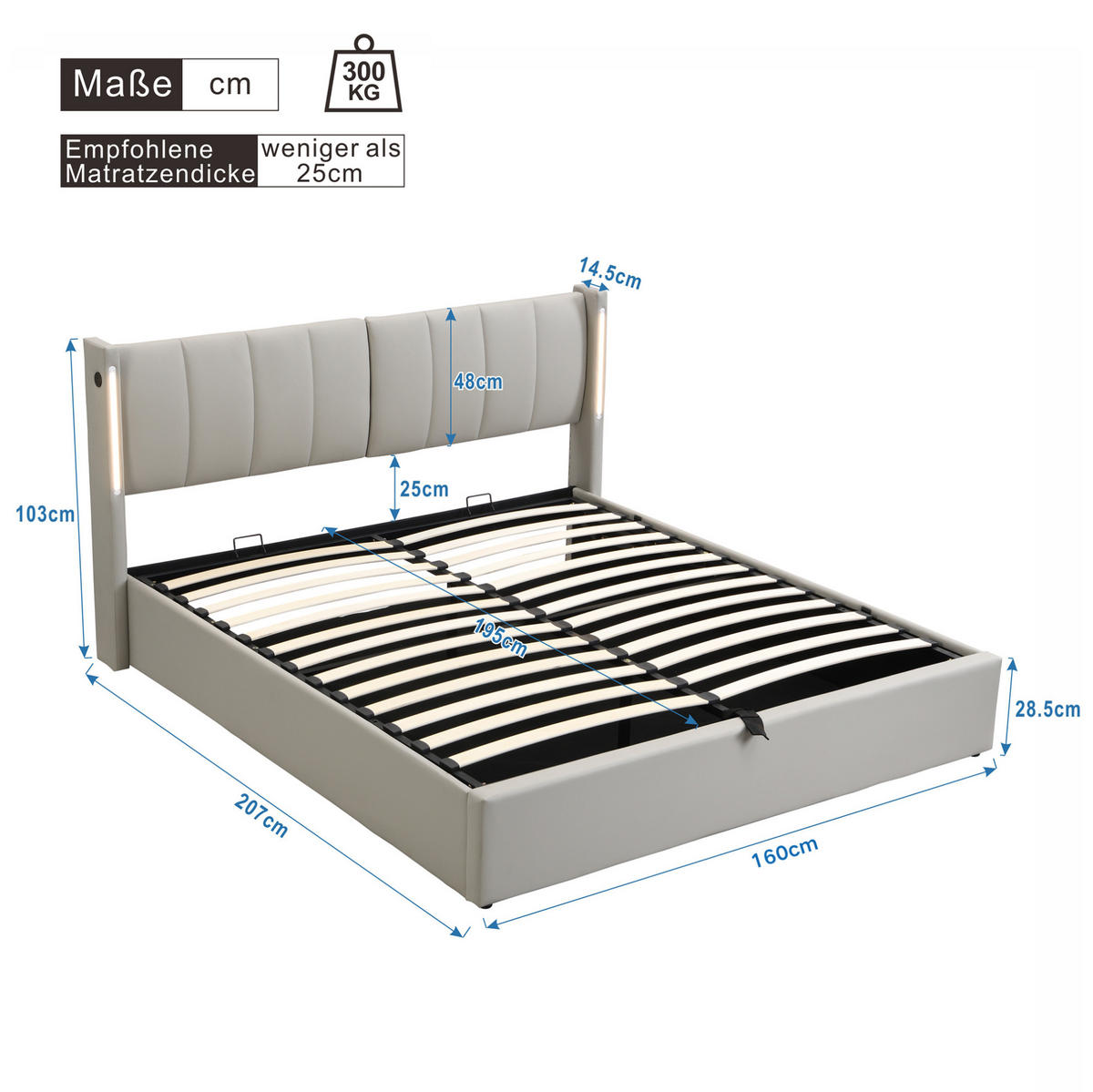 POLSTERBETT 160/200 cm mit LED-Beleuchtung, USB-Anschluss, verstellbarem Kopfteil und Bettkasten, Grau - Grau, Kunststoff (160/200cm) - Redom