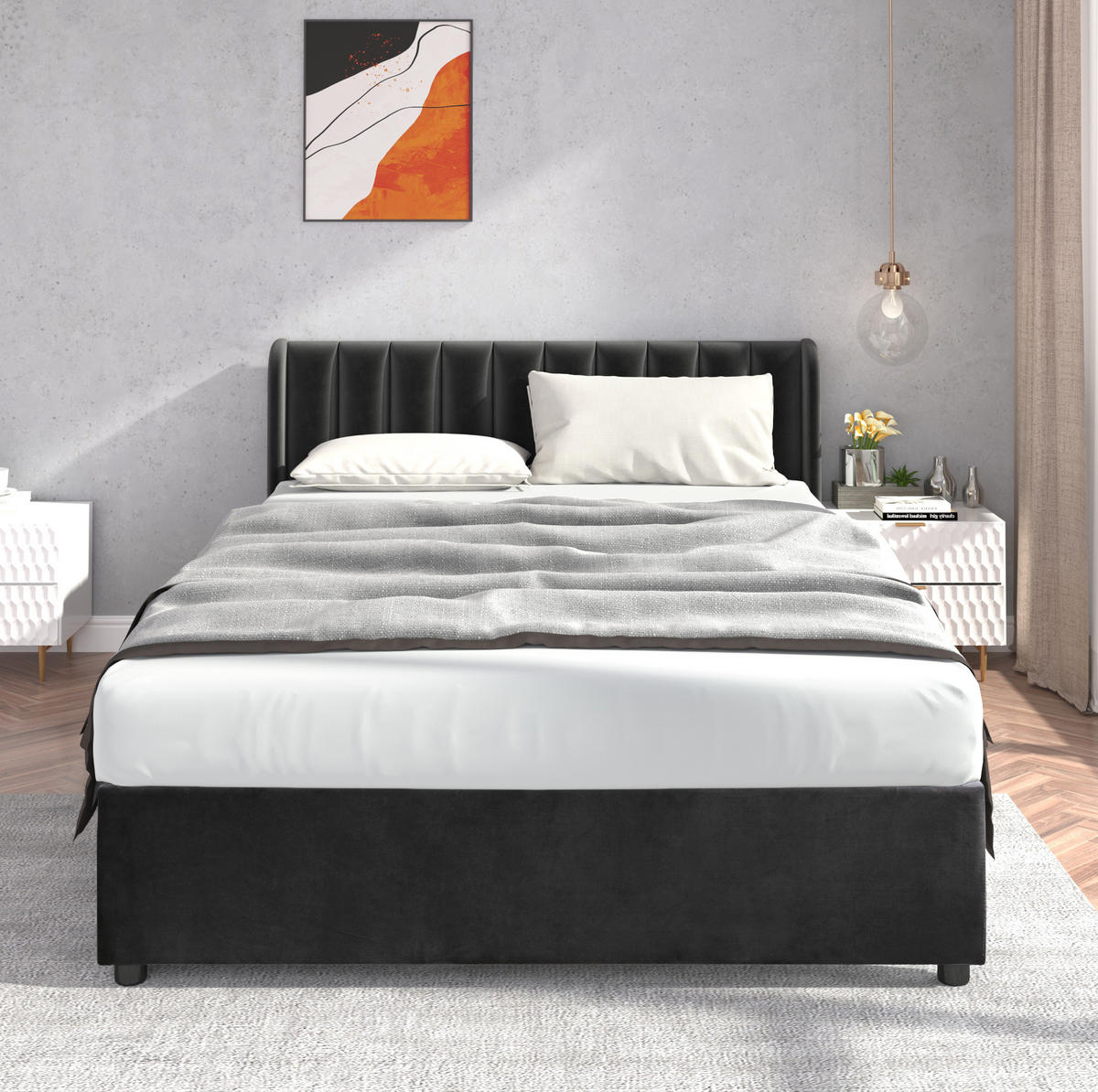 ČALÚNENÁ posteľ, 160/200 cm zamat čierna, s roštom a 2 zásuvkami - čierna, textil (160/200cm) - BEAOK