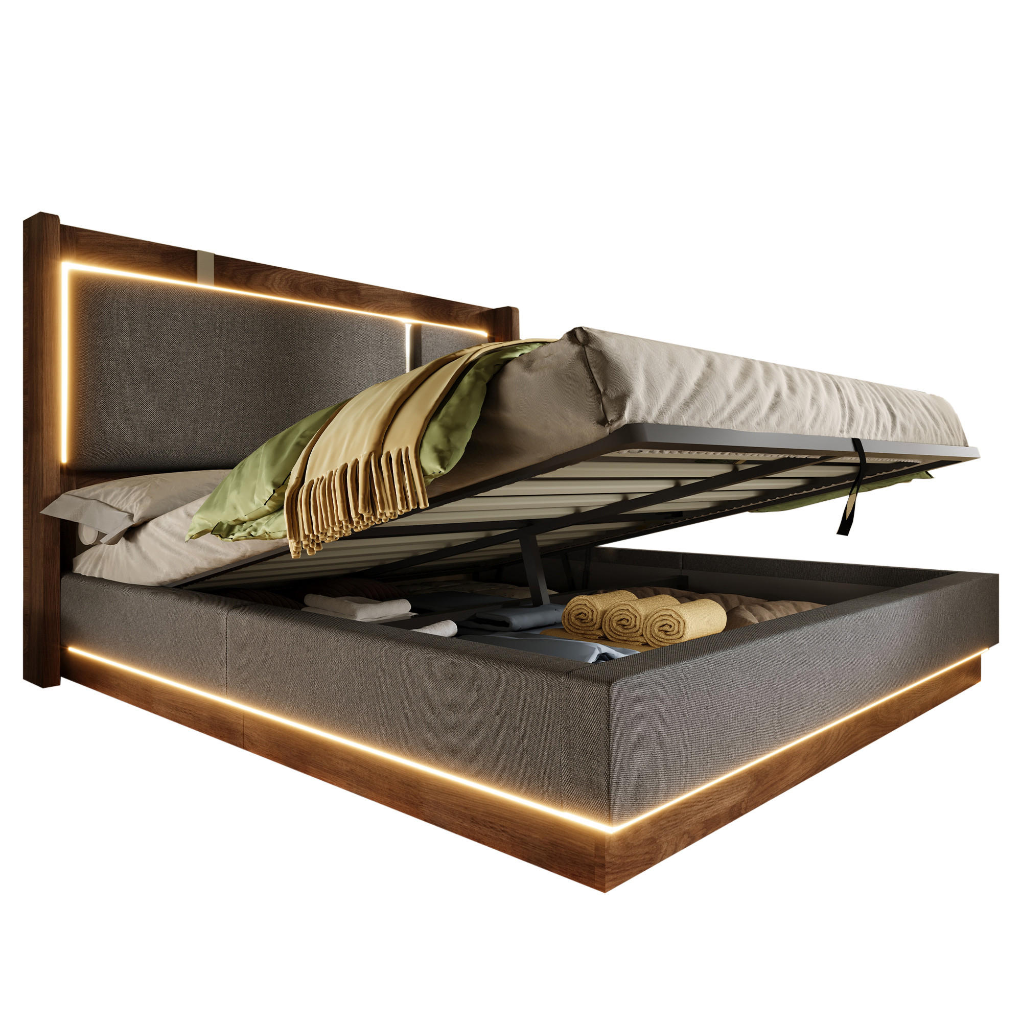 BETT 180/200 cm in Grau & Walnuss Leinen mit LED und Bettkasten - Grau, Holzwerkstoff/Textil (180/200cm) - WISHDOR