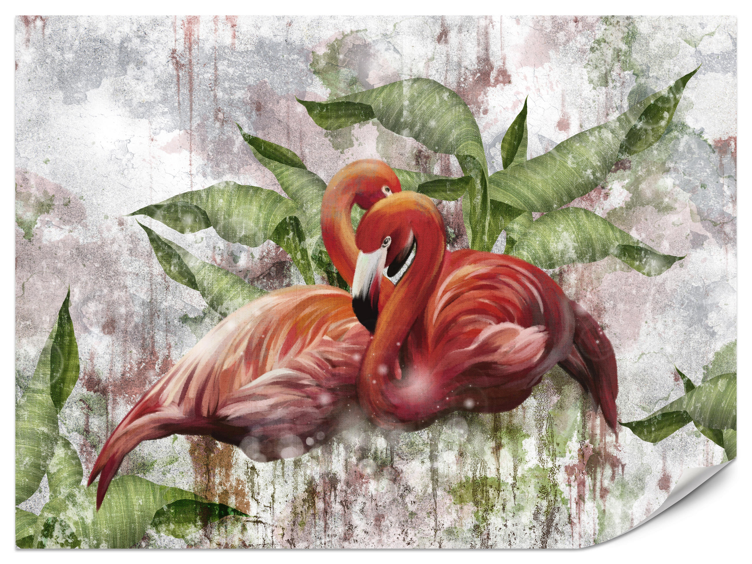FOTOTAPETE für Schlafzimmer Abstrakte Flamingos Beton Tropische Blätter Palmen Natur 450x315 - Multicolor, Papier (450/315cm) - Muralo