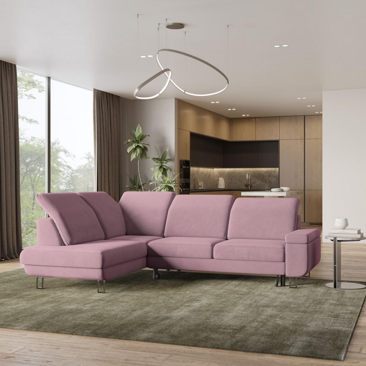 ECKSOFA LERMA L-S Lila Velours-Stoff mit Schlaffunktion - Lila, Holz (253/190cm) - MASSENO