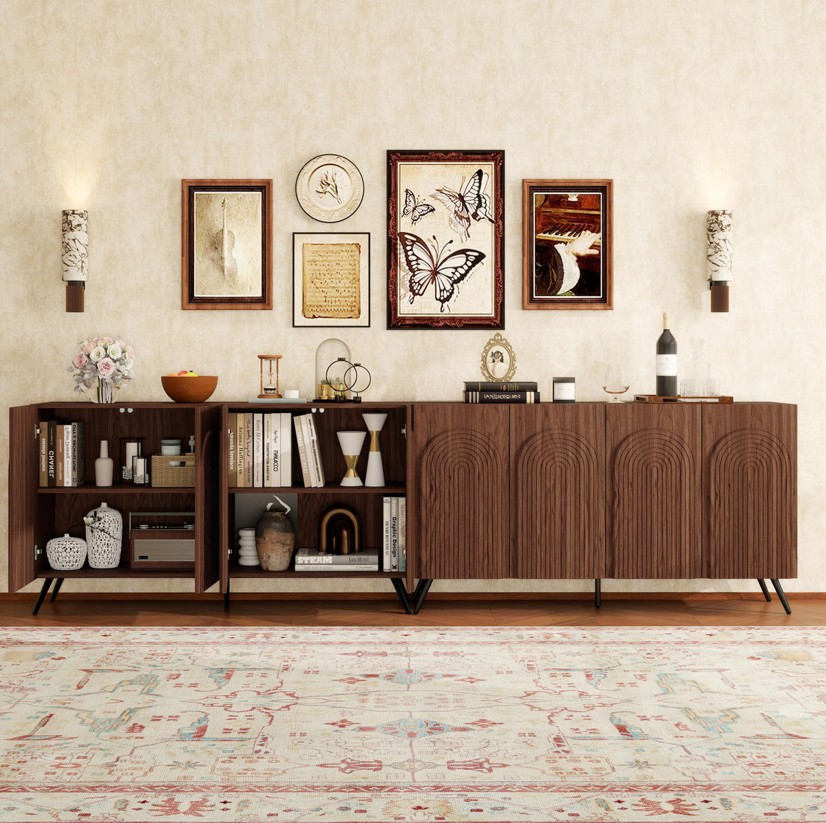SIDEBOARD mit 4 Türen in Walnuss-Optik – Mid-Century-Design mit 3D-Rillen - Walnussfarben, Holzwerkstoff (150/83/38cm) - BEAOK