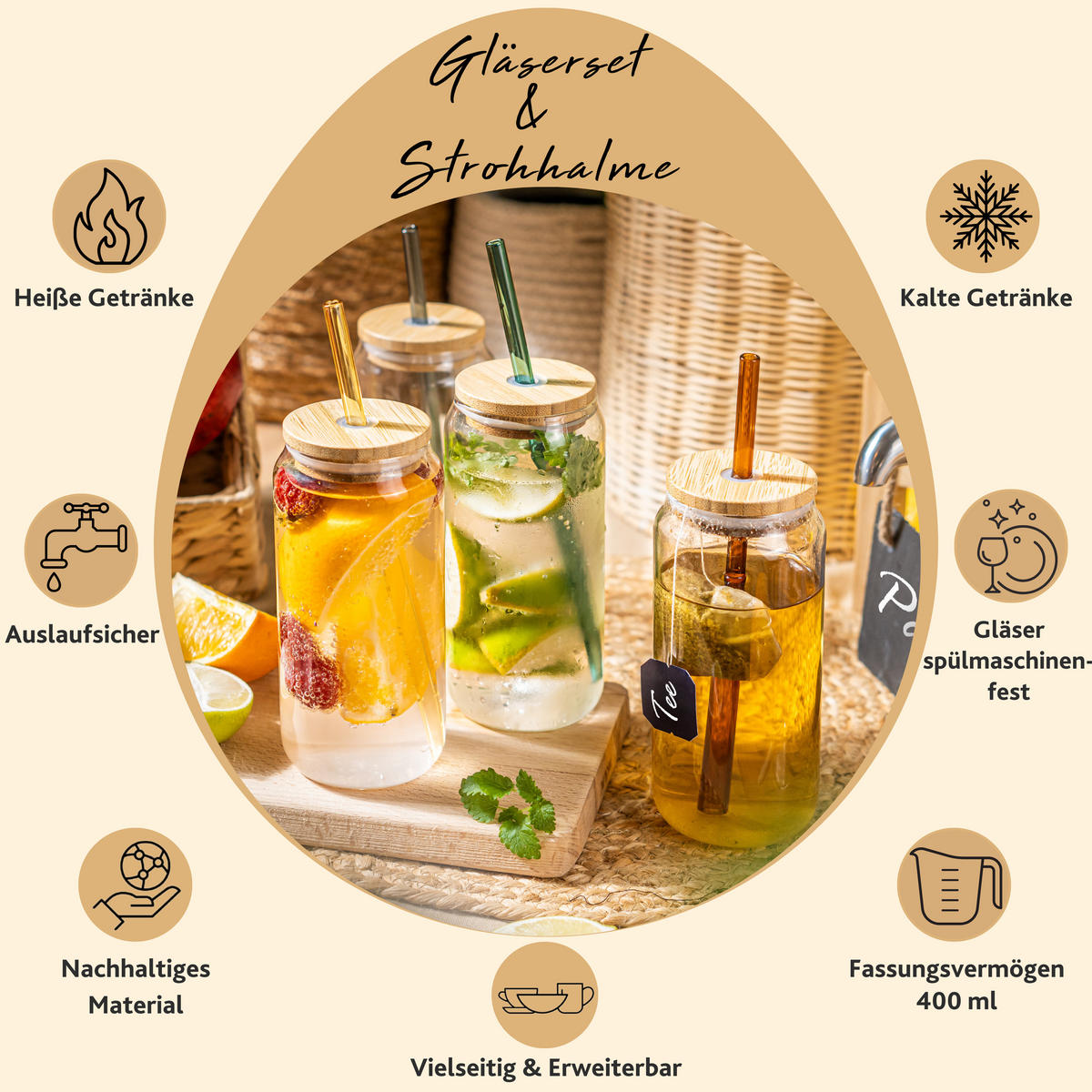 GLÄSER SET mit Strohhalmen - Transparent, Glas - Sänger