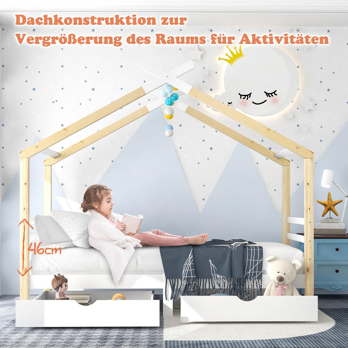 KINDERBETT 90/200 cm in Weiß & Natur mit 2 Schubladen - Weiß, Holz/Holzwerkstoff (90/200cm) - WISHDOR