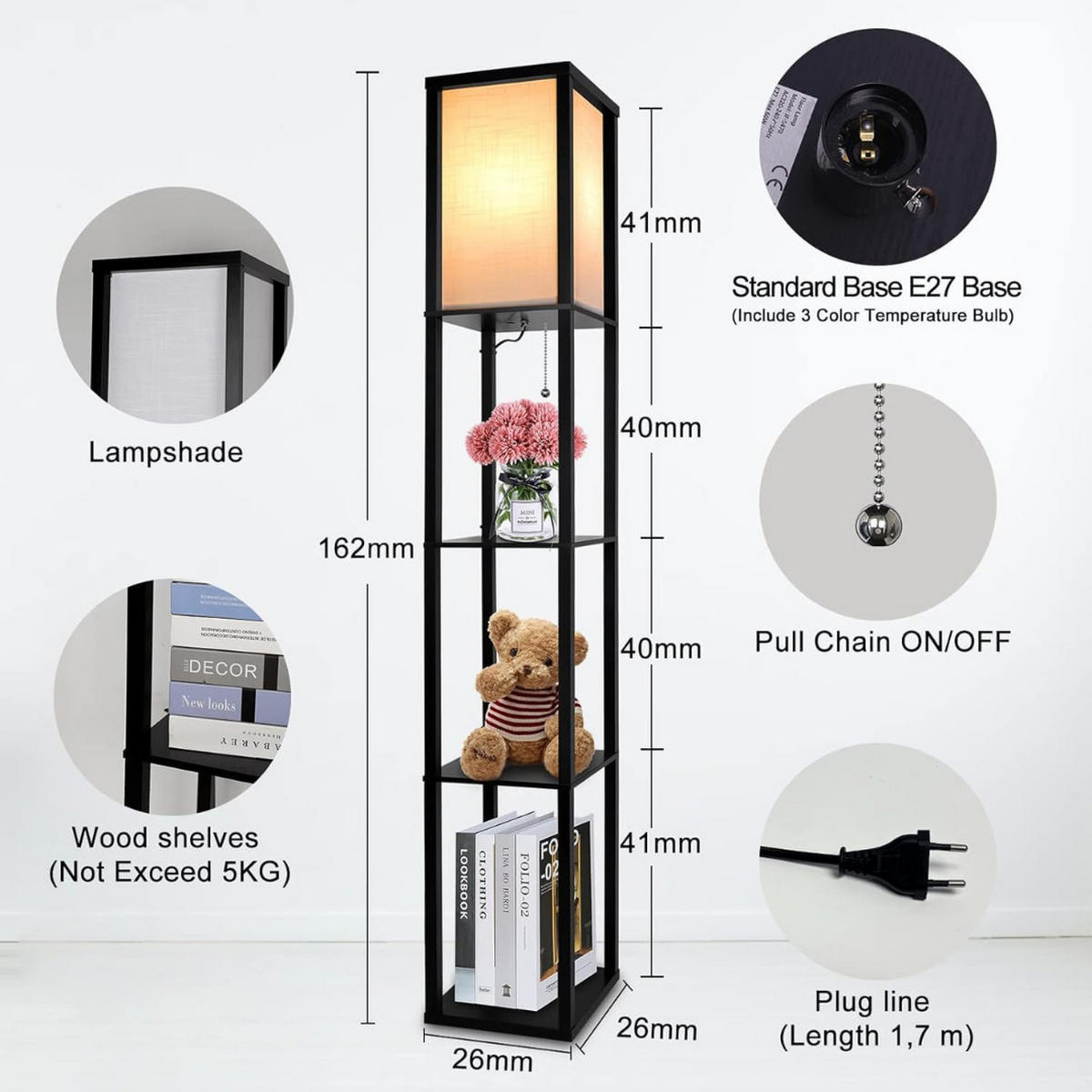 STEHLAMPE mit Regal 162 cm aus Holz mit 3 Ablagen E27 Schwarz - Schwarz/Weiß, Holzwerkstoff (26/26/162cm) - JUNG
